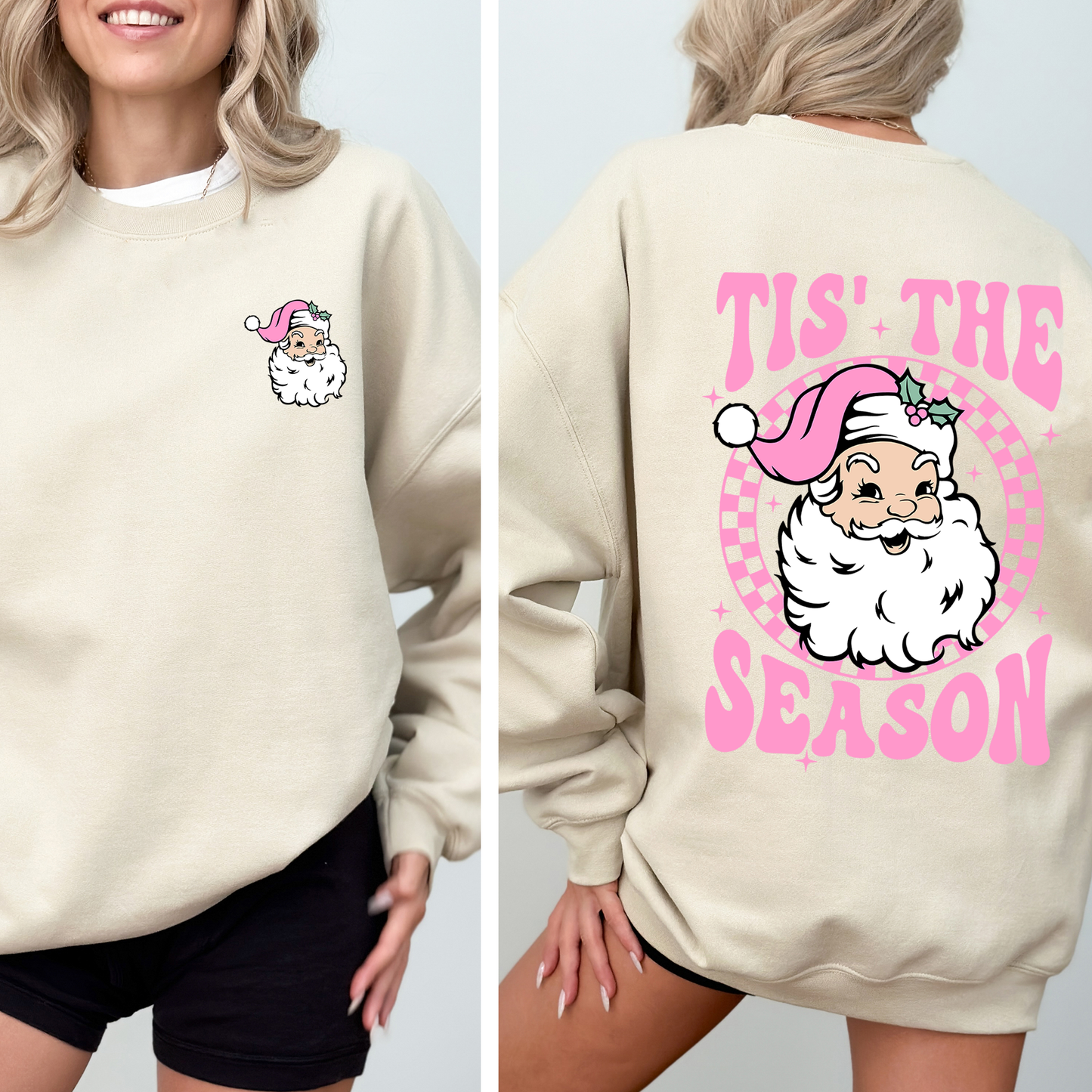 Cream Tis The Season, Retro Santa, Pink, Checkered, Christmas, Front and Back Sweatshirt