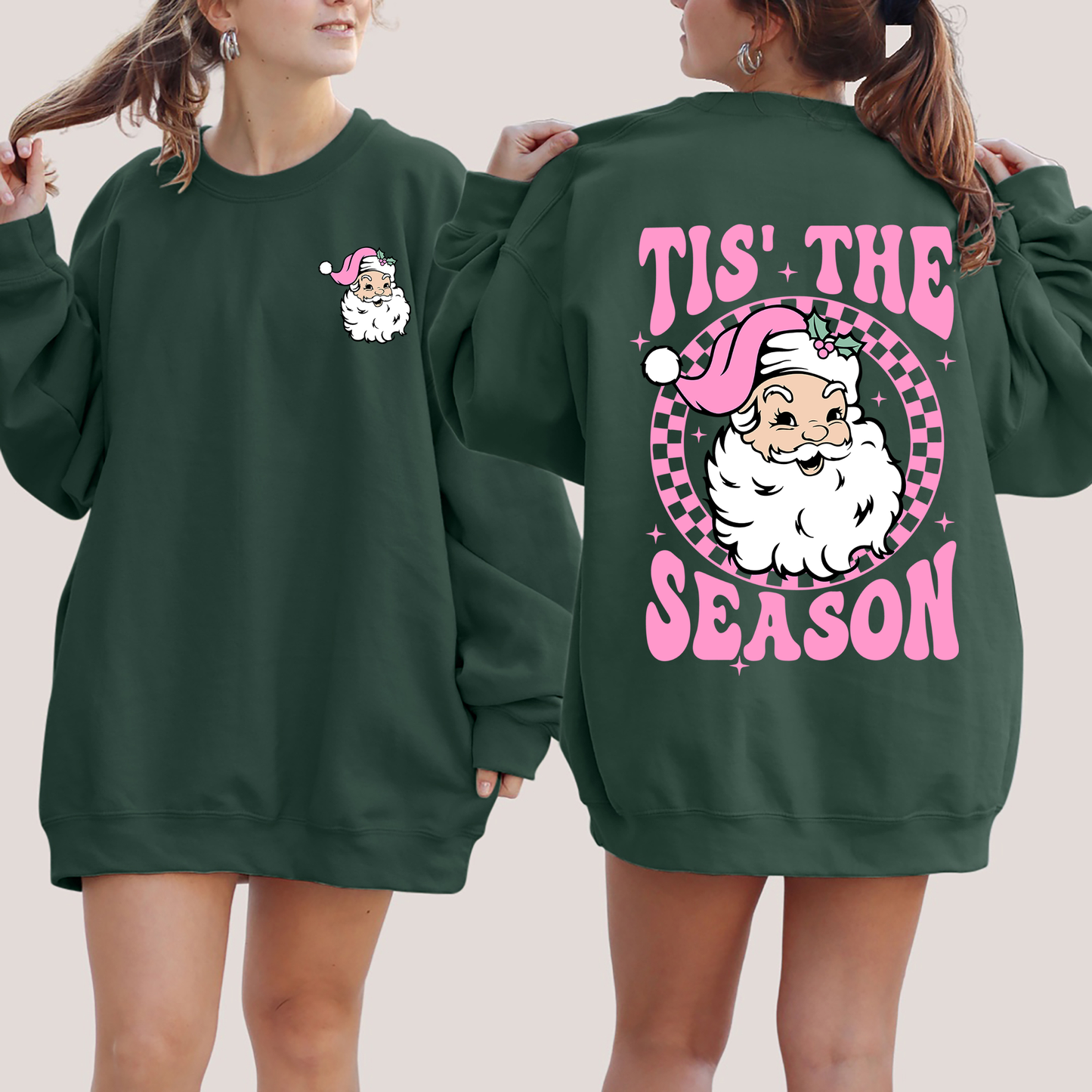 Dark Forest Green Tis The Season, Retro Santa, Pink, Checkered, Christmas, Front and Back Sweatshirt