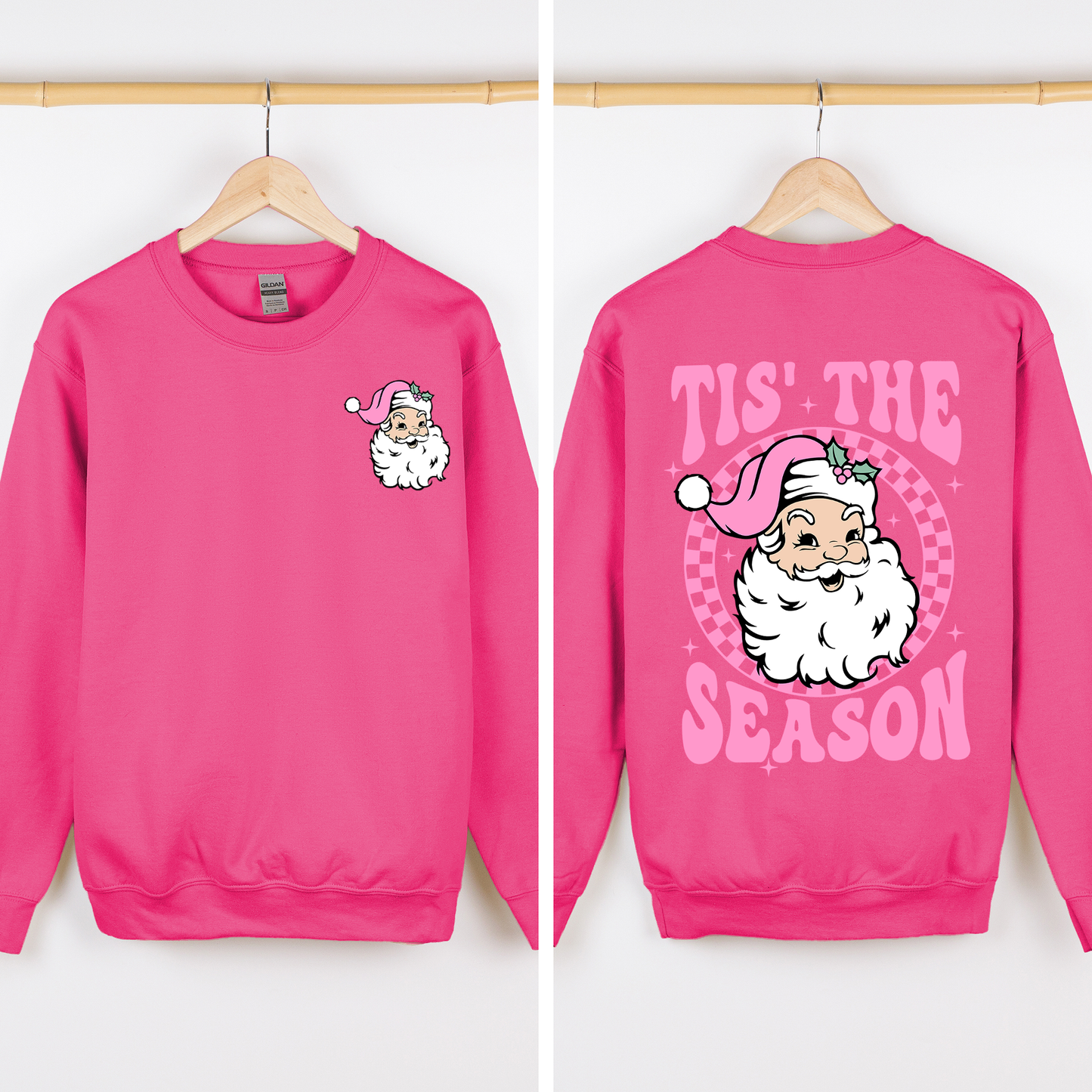 Hot Pink Tis The Season, Retro Santa, Pink, Checkered, Christmas, Front and Back Sweatshirt