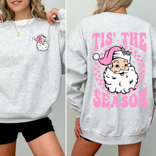 Light Ash Gray Tis The Season, Retro Santa, Pink, Checkered, Christmas, Front and Back Sweatshirt
