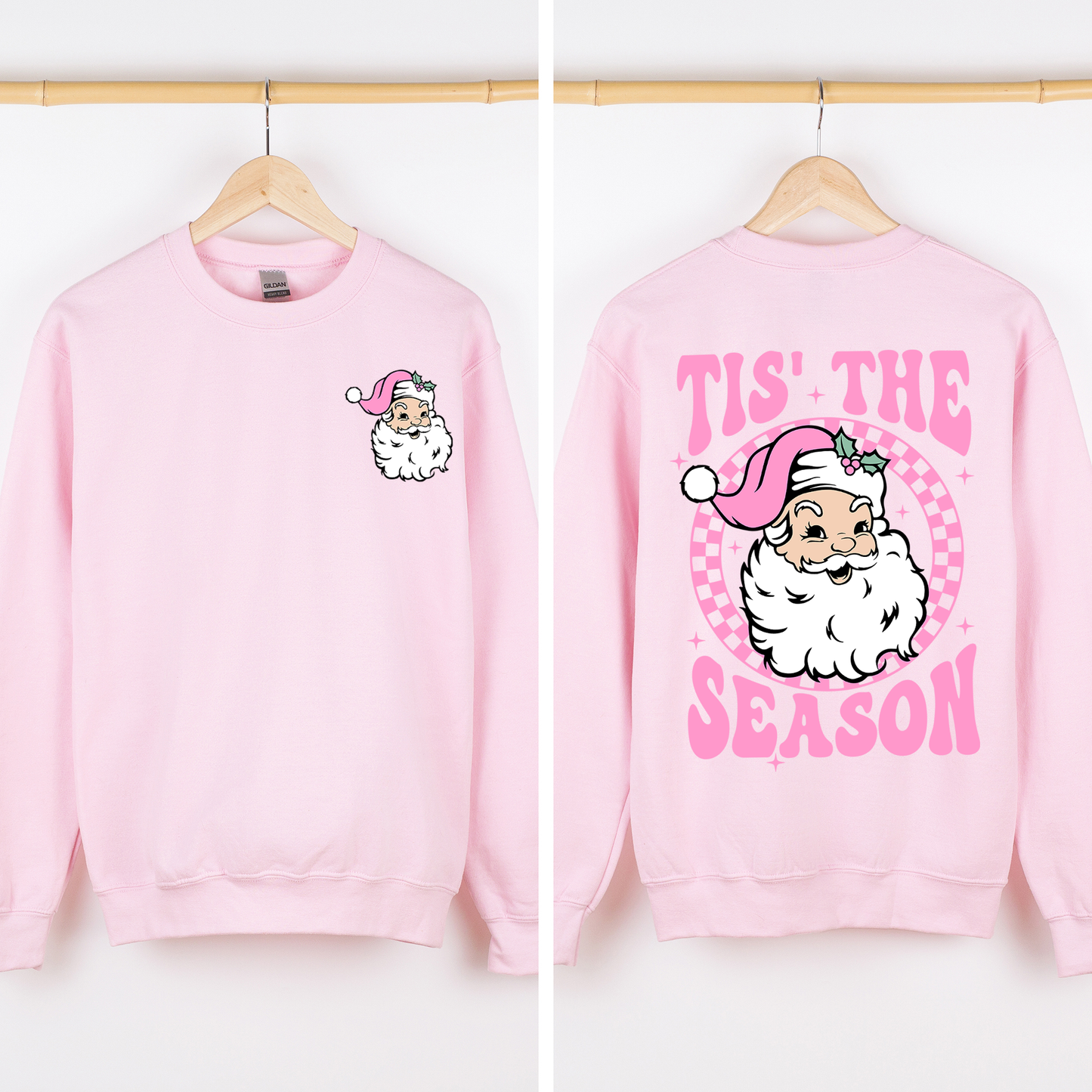 Light Pink Tis The Season, Retro Santa, Pink, Checkered, Christmas, Front and Back Sweatshirt