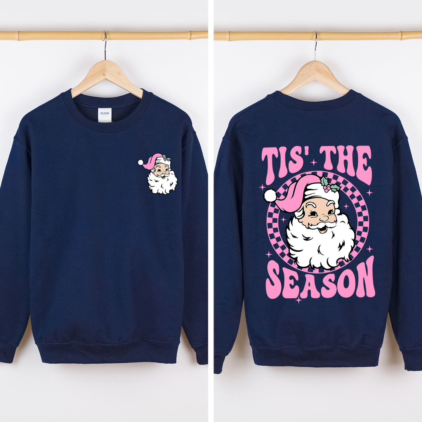 Navy Blue Tis The Season, Retro Santa, Pink, Checkered, Christmas, Front and Back Sweatshirt