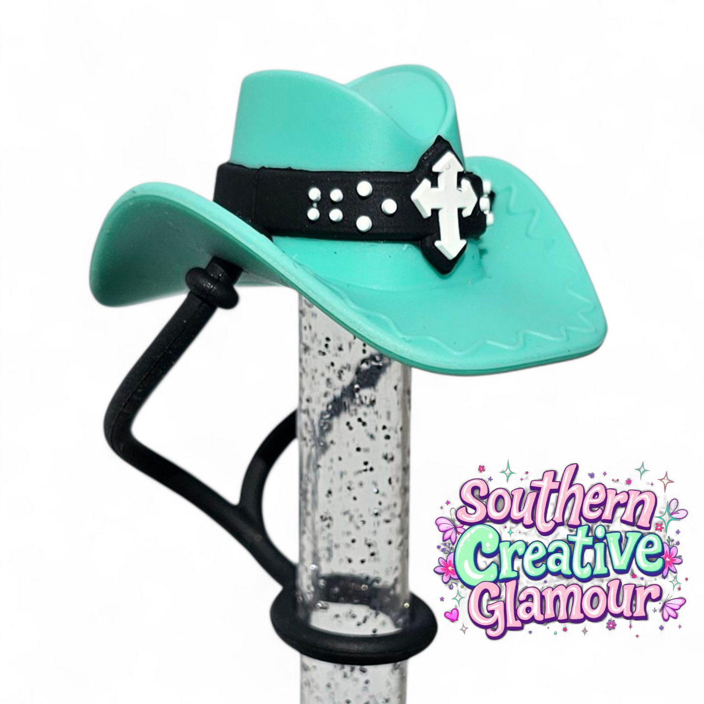 Turquoise & Black Western Cowgirl Hat 10mm Silicone Straw Toppers by Southern Creative Glamour 