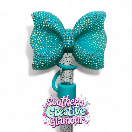 Turquoise Glitter Bow Silicone 10mm Straw Topper | Straw Cover by Southern Creative Glamour 