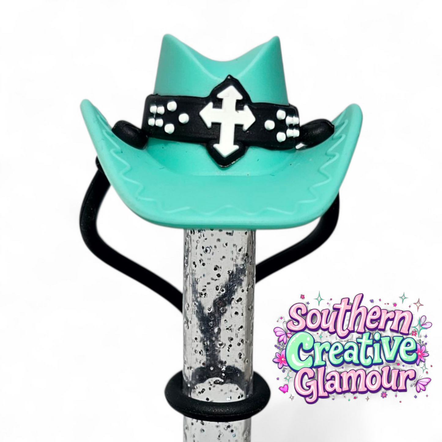 Turquoise & Black Western Cowgirl Hat 10mm Silicone Straw Toppers by Southern Creative Glamour 