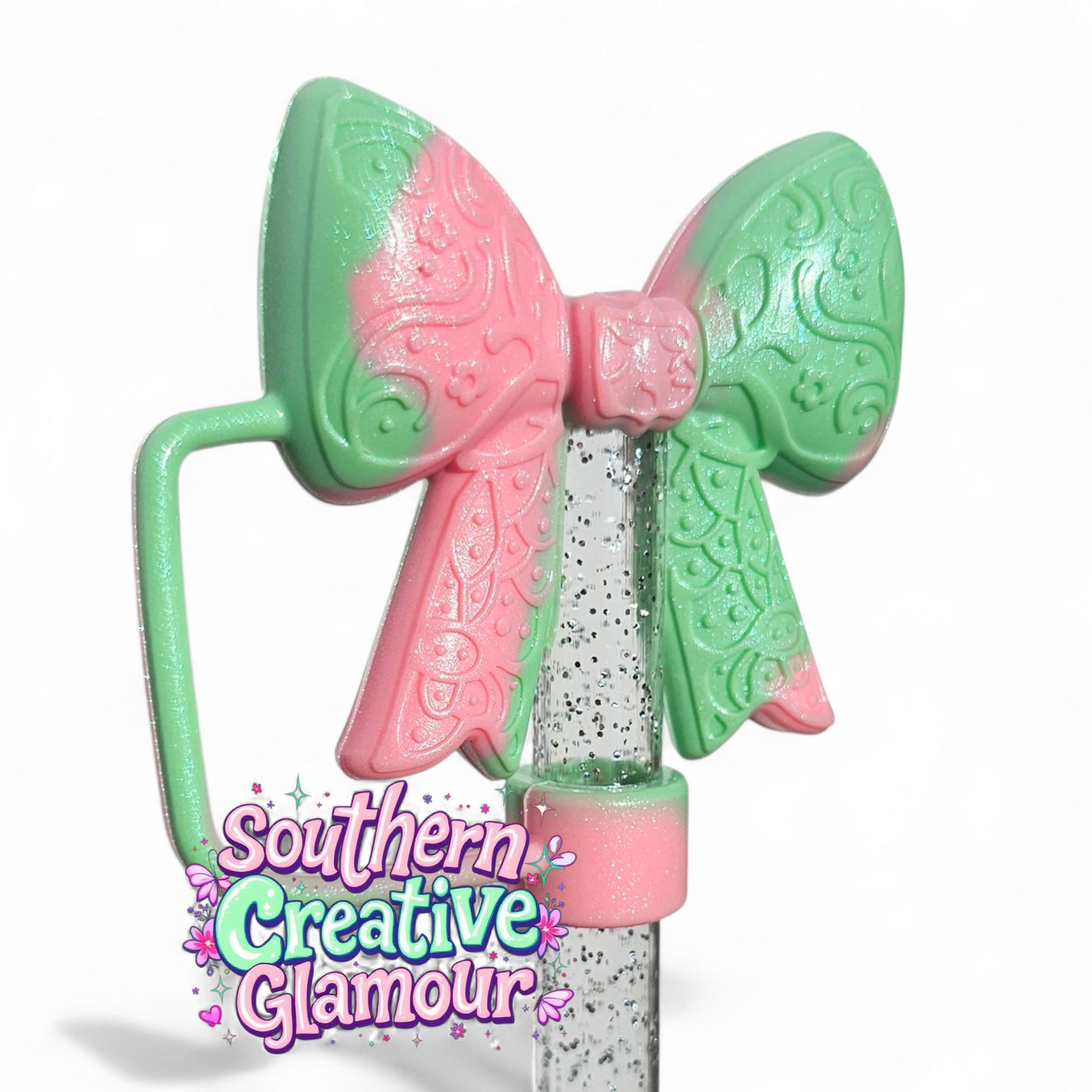 Watermelon Shimmer Paisley 3D Bow Silicone 10mm Straw Topper | Straw Cover by Southern Creative Glamour 