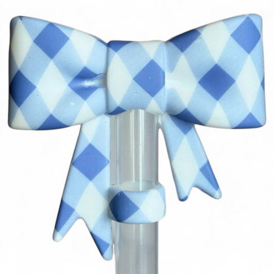 Blue Plaid 3D Bow Silicone Straw Topper | Fits 10mm Straws 
