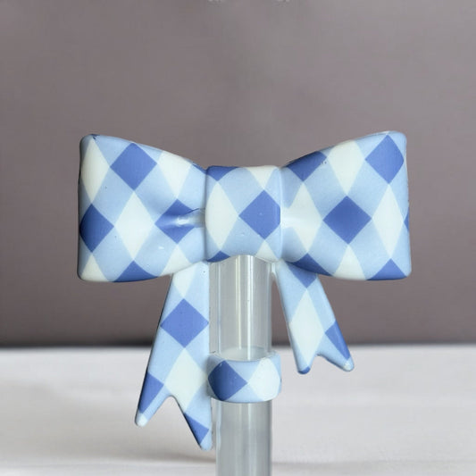 Blue Plaid 3D Bow Silicone Straw Topper | Fits 10mm Straws 
