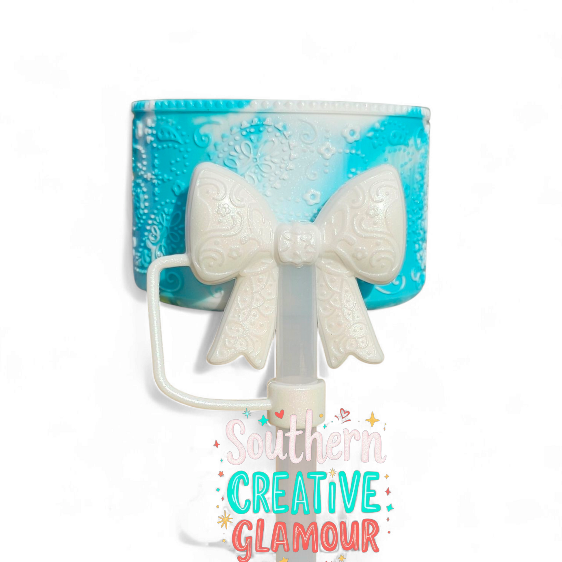 Pearl White Shimmer Paisley 3D Bow Straw Topper and Tiffany Blue Paisley Silicone Tumbler Boot Set by Southern Creative Glamour 