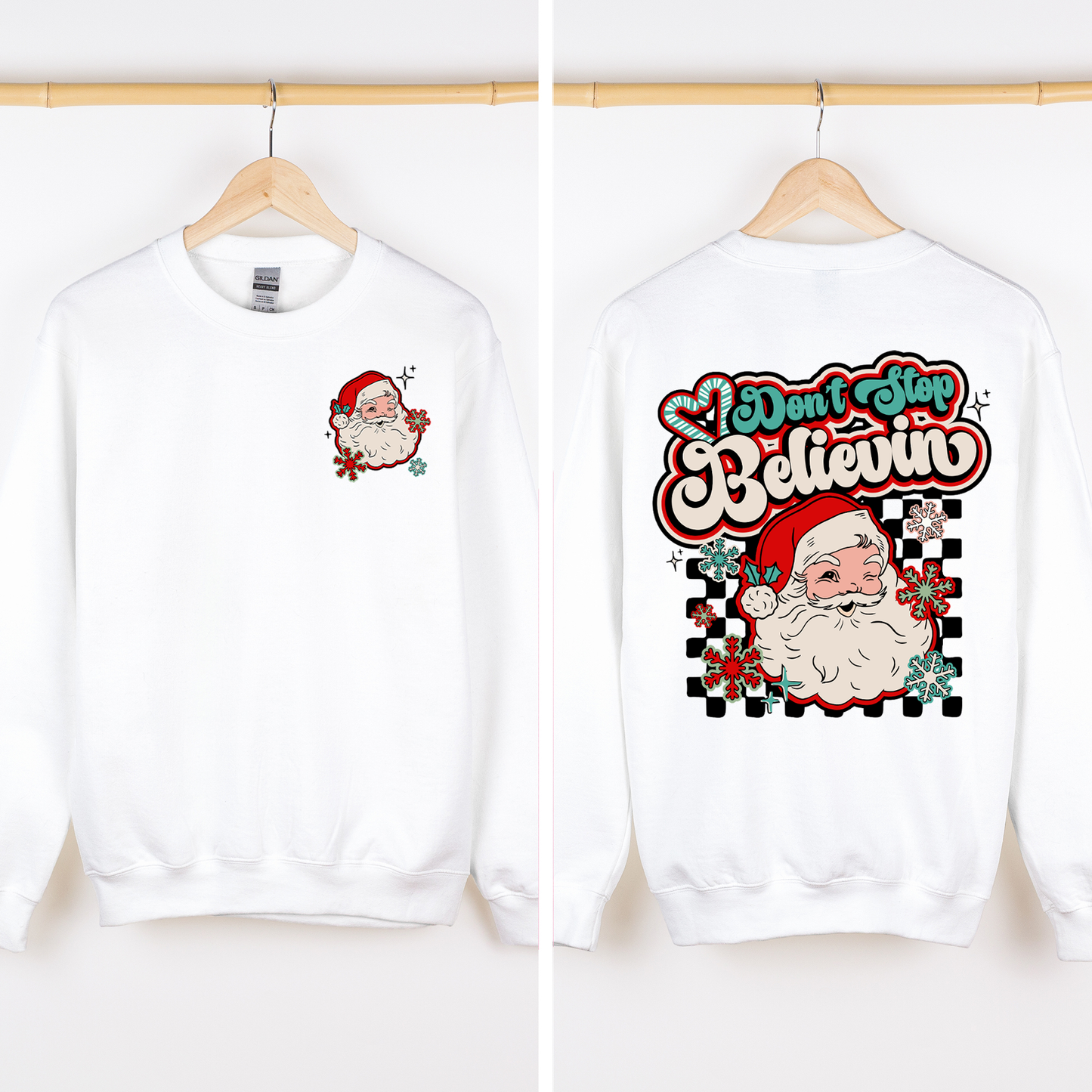 White Don't Stop Believin, Santa, Retro, Checkered, Christmas, Front and Back Sweatshirt
