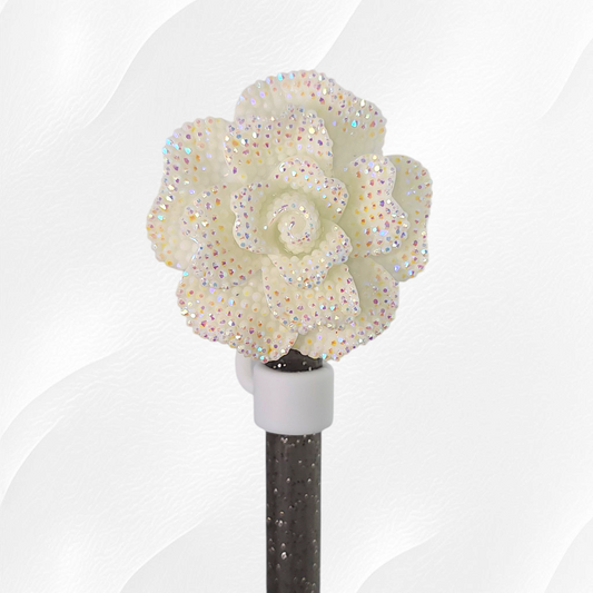 White Rose Flower Glitter Silicone Straw Topper - Straw Cover by Southern Creative Glamour. Fits 10mm and Stanley Straws. 