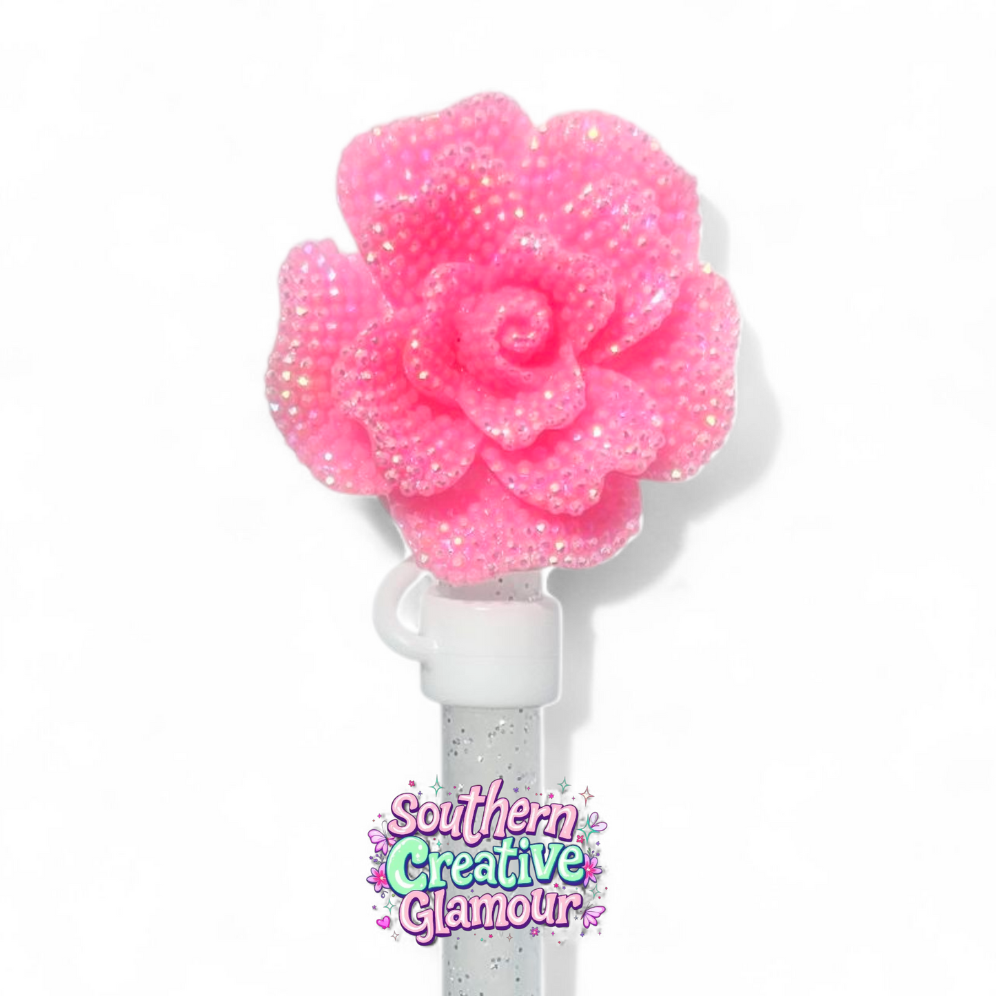 Malibu Pink Glitter Rose Silicone 10mm Straw Toppers| Straw Cover by Southern Creative Glamour 