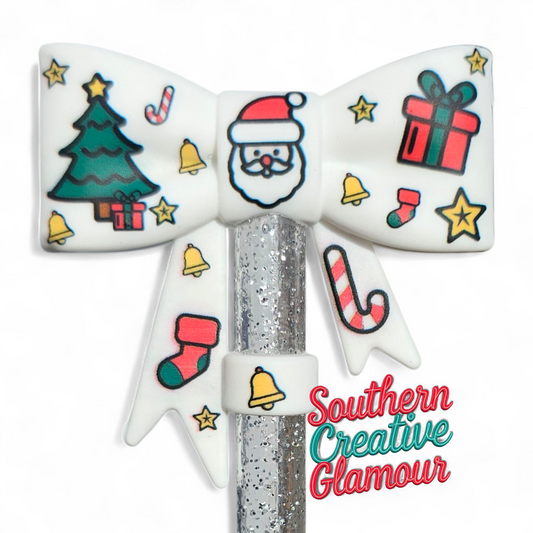 White Christmas Santa 3D Bow Silicone 10mm Straw Topper by Southern Creative Glamour 
