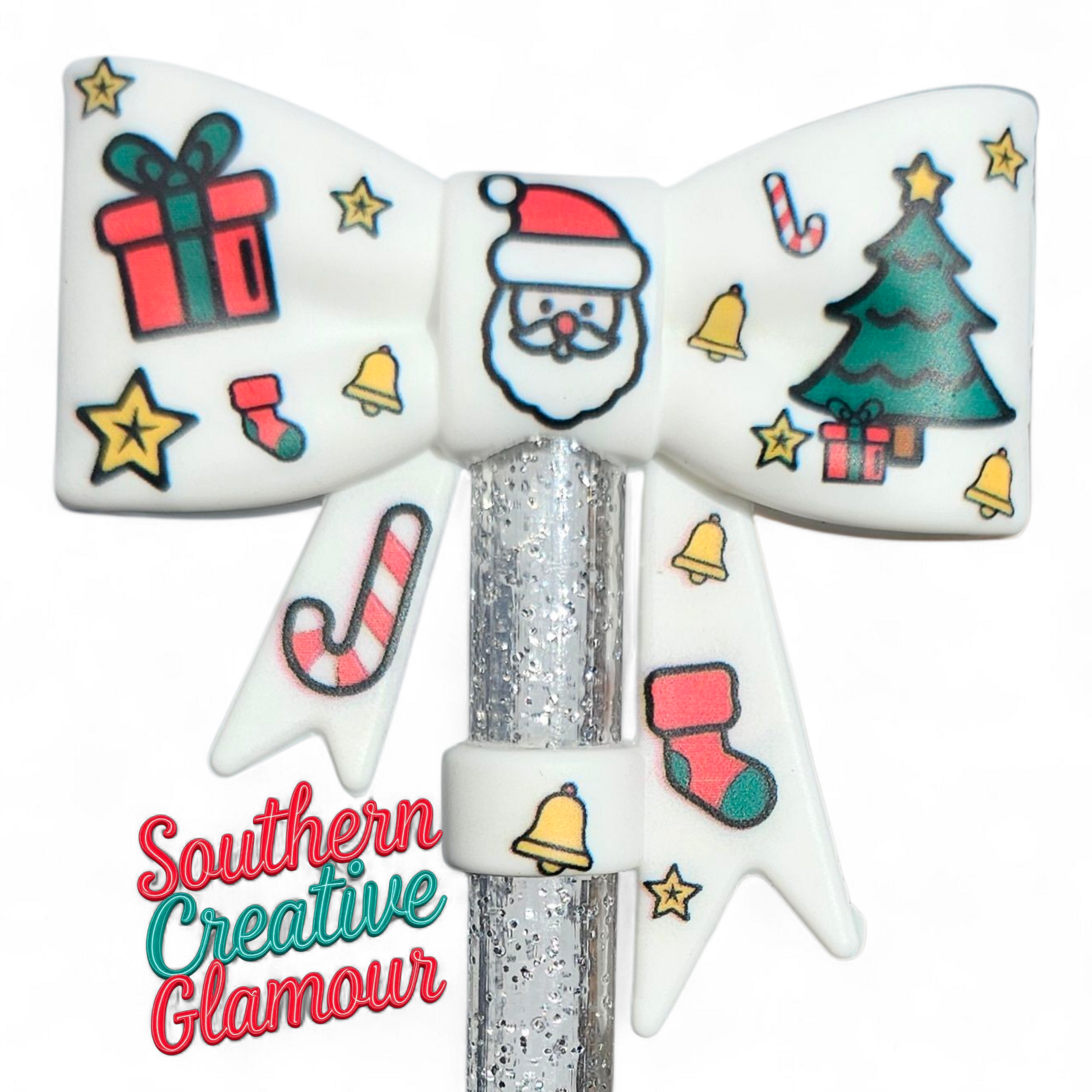 White Christmas Santa 3D Bow Silicone 10mm Straw Topper by Southern Creative Glamour 