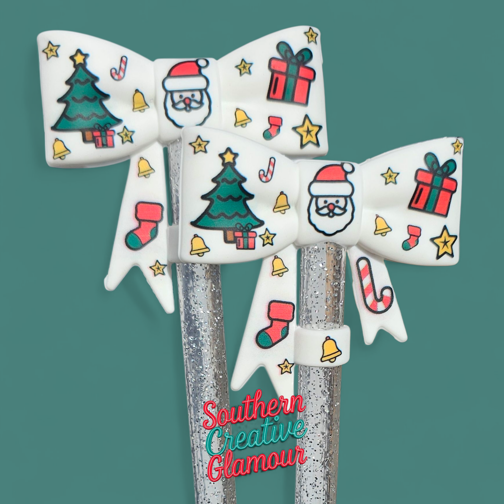 White Christmas Santa 3D Bow Silicone 10mm Straw Topper by Southern Creative Glamour 