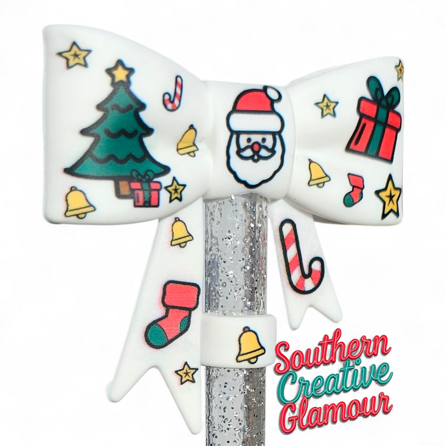White Christmas Santa 3D Bow Silicone 10mm Straw Topper by Southern Creative Glamour 