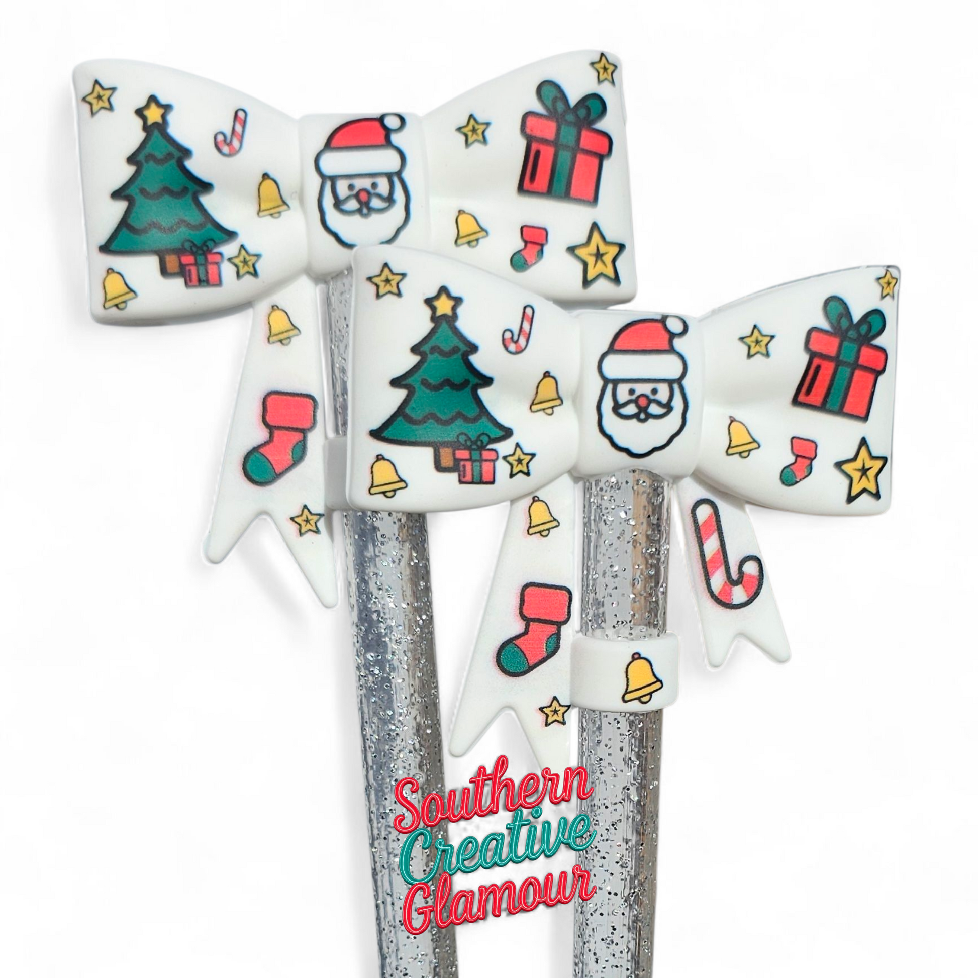 White Christmas Santa 3D Bow Silicone 10mm Straw Topper by Southern Creative Glamour 
