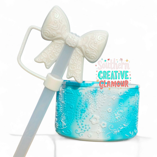 Pearl White Shimmer Paisley 3D Bow Straw Topper and Tiffany Blue Paisley Silicone Tumbler Boot Set by Southern Creative Glamour 