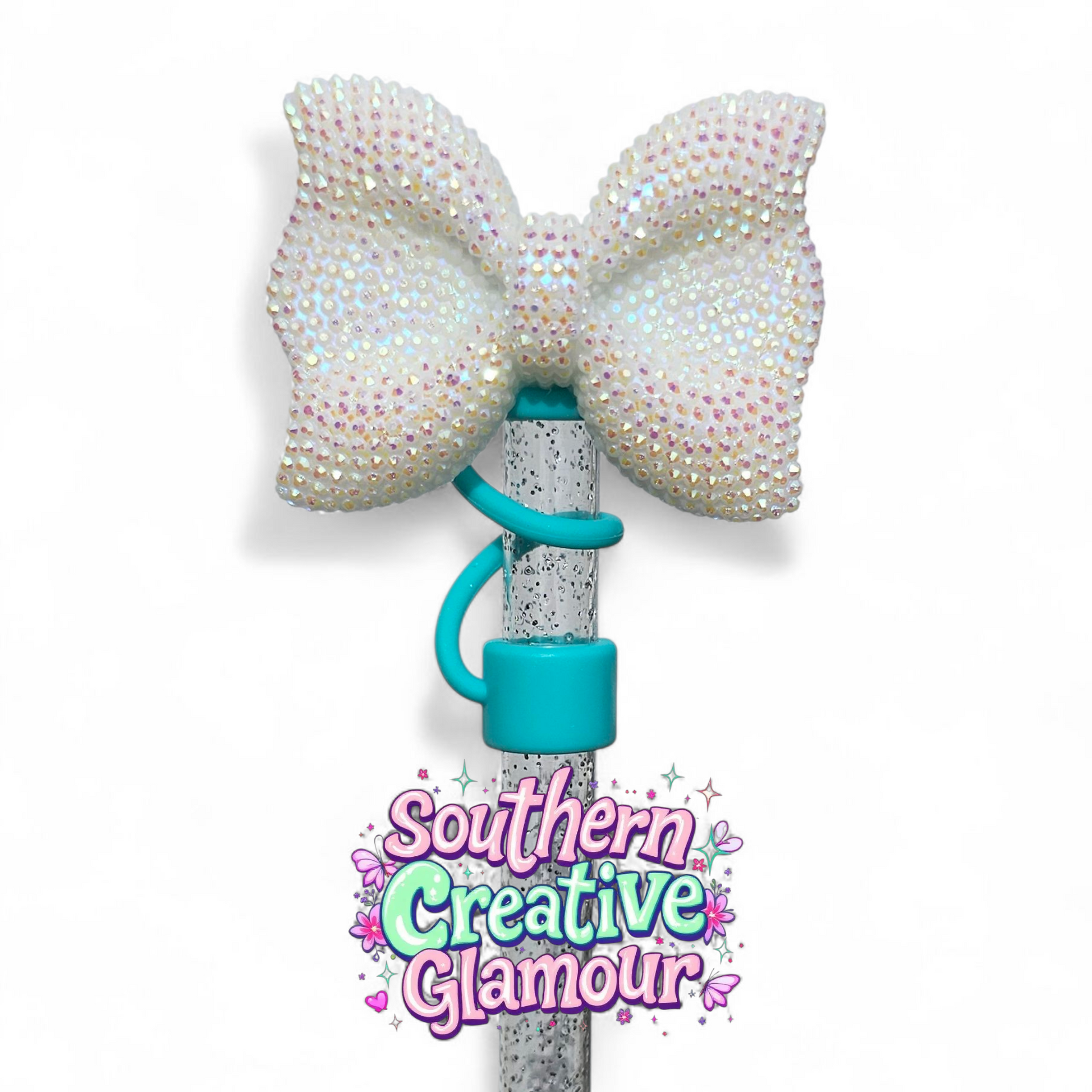White Glitter Bow Tie Silicone Straw Topper with Tiffany Teal Blue 10mm Silicone Straw Topper Cap by Southern Creative Glamour 