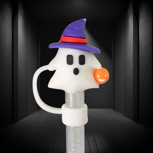 White Ghost wearing purple witch's Hat and orange pumpkin 3D Silicone Straw Topper. 