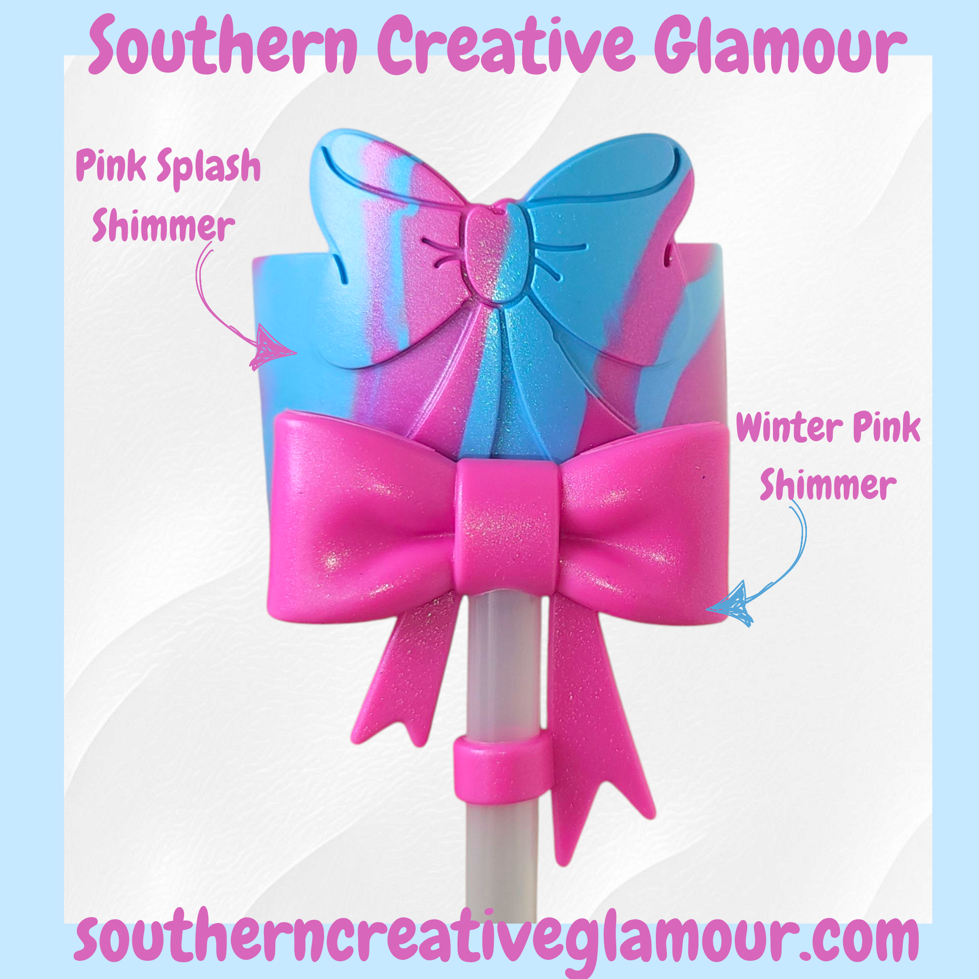 Pink Splash Shimmer 3D Bow Silicone Tumbler Boot | Tumbler Sleeve and Winter Pink 3D Bow Straw Topper Set by Southern Creative Glamour 