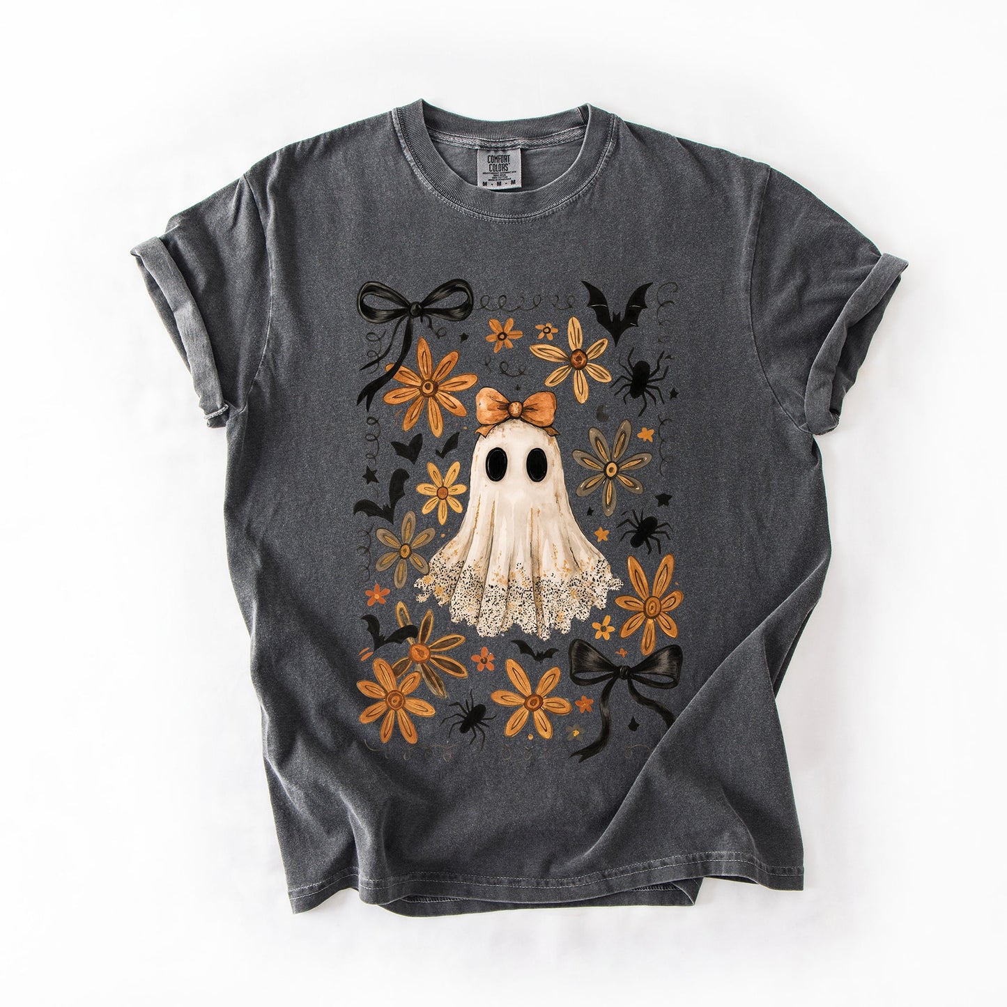 Charcoal Beautiful Halloween, Bows, Bats, Flowers, Comfort Colors T-Shirt