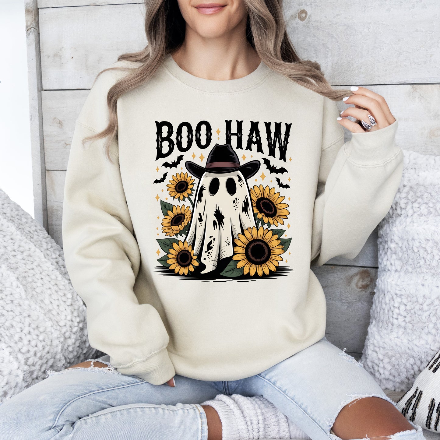 Sand Boo Haw, Cowboy Ghost, Halloween, Western, Sunflowers, Vintage, Pumpkin, Retro, Spooky, Costume, Fall, Graphic Sweatshirt