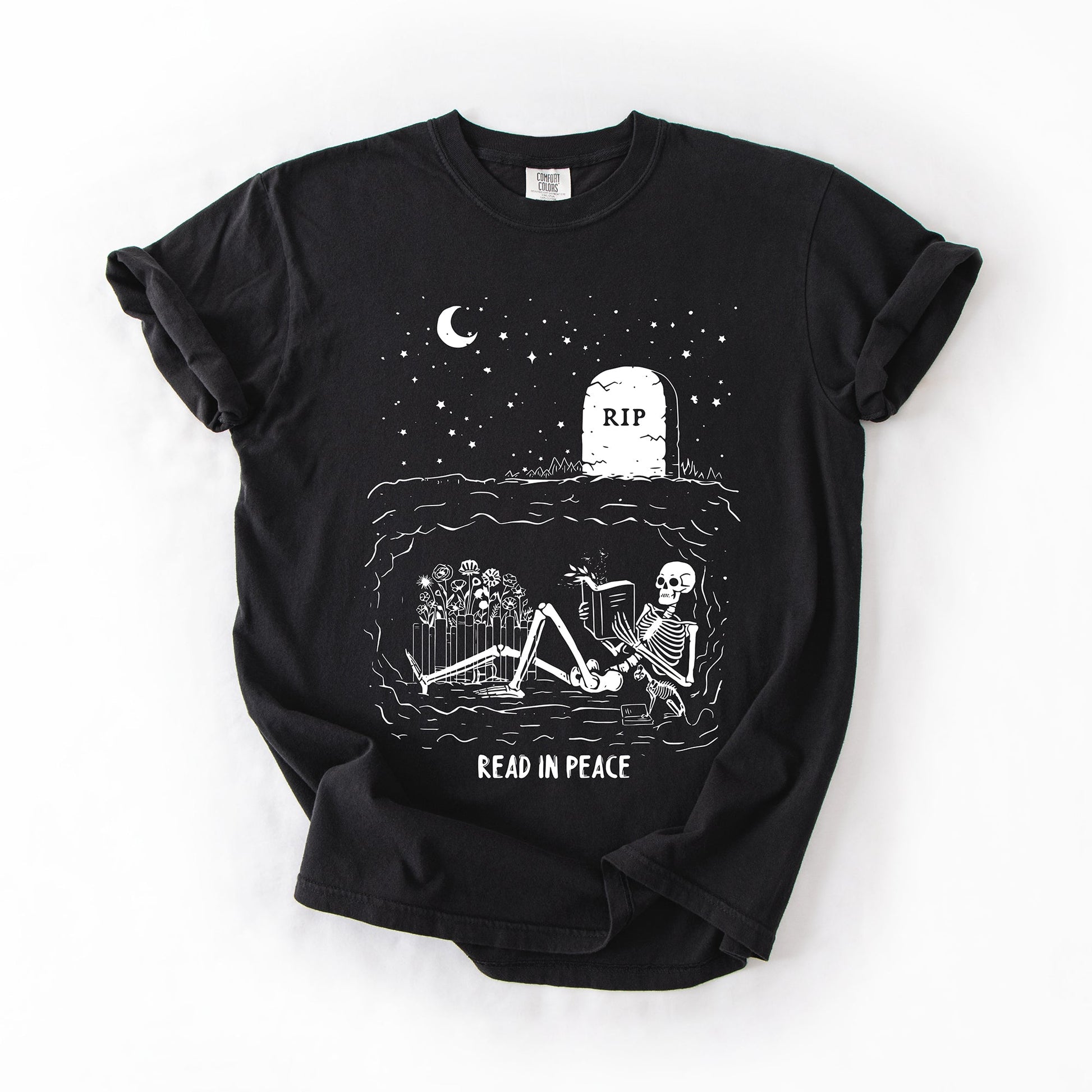 Black Read In Peace, Skeleton, RIP, Halloween, Booktok, Bookish, Library, Trending Graphic Tee, Comfort Colors T-Shirt