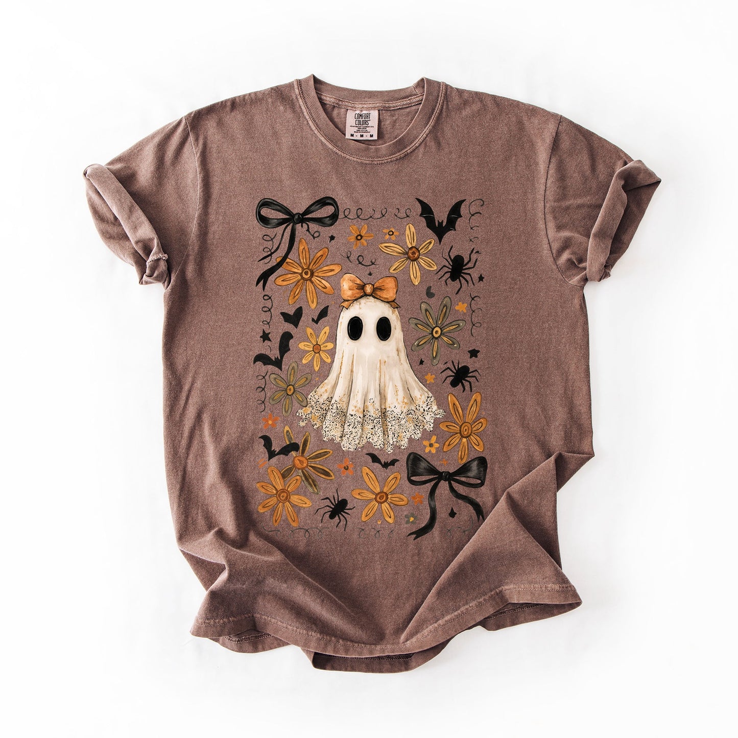 Brown Beautiful Halloween, Bows, Bats, Flowers, Comfort Colors T-Shirt