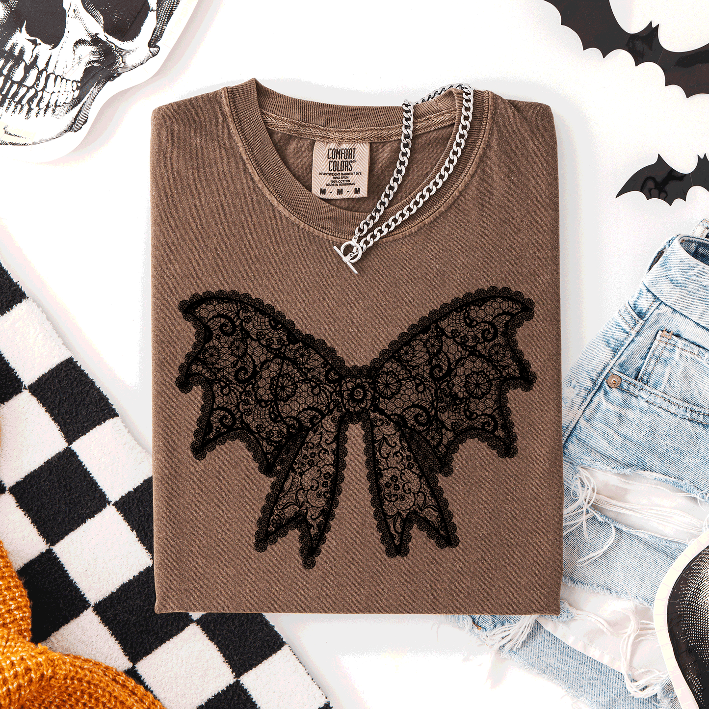 Lace Bow, Halloween, Goth, Faux Lace, Ribbon, Coquette, Comfort Colors T-Shirt