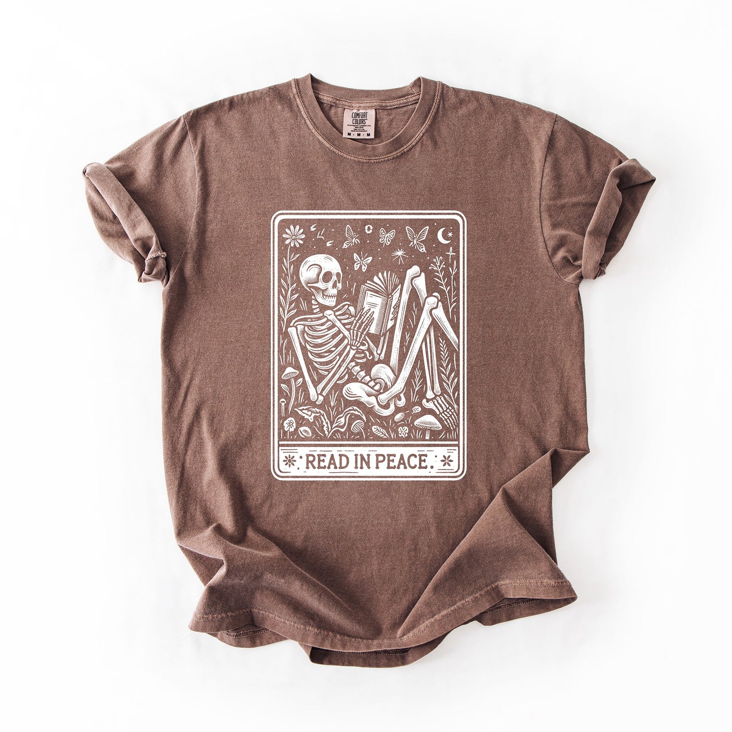 Brown Read In Peace, Halloween, Skeleton, Tarot, Books, Library, Comfort Colors T-Shirt