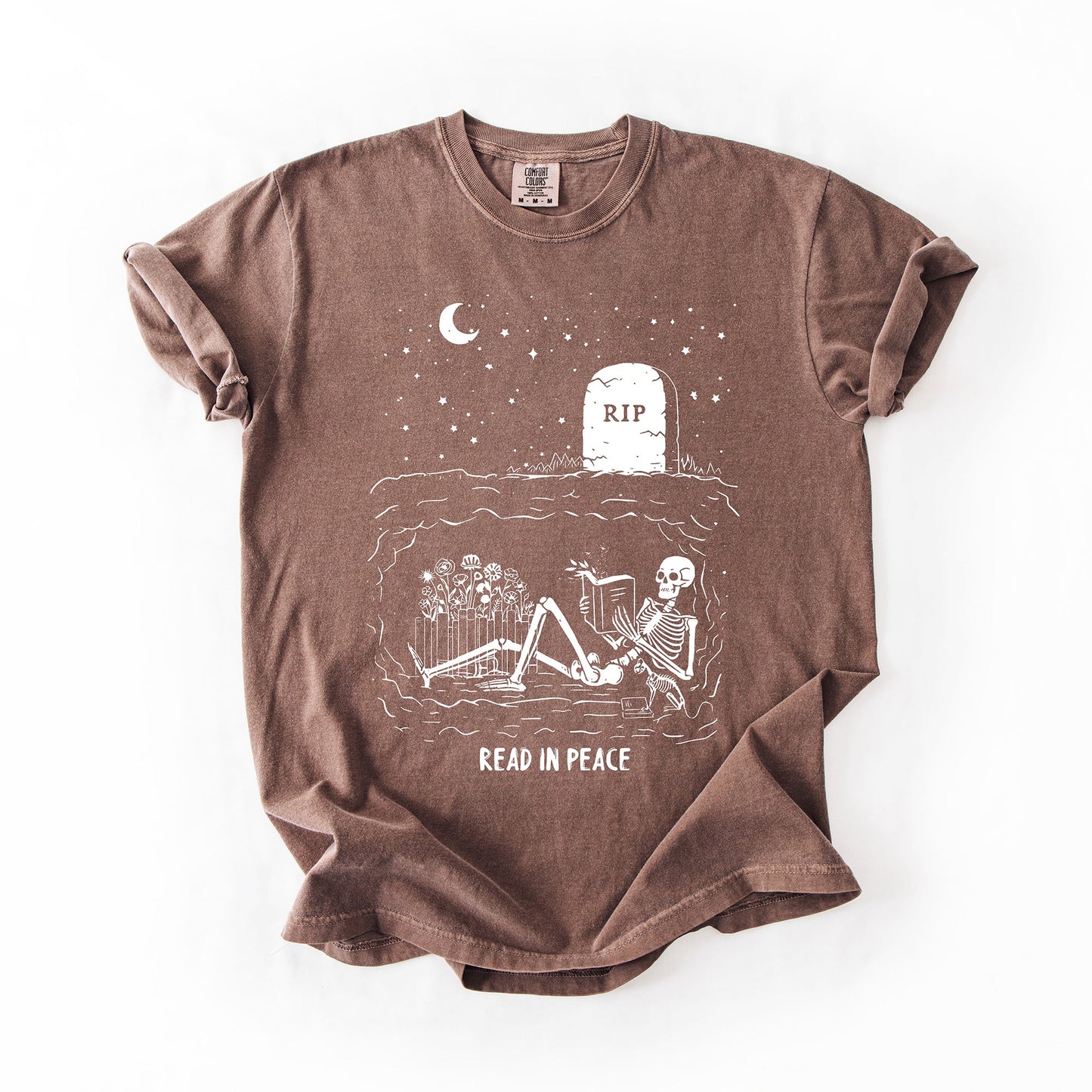 Brown Read In Peace, Skeleton, RIP, Halloween, Booktok, Bookish, Library, Trending Graphic Tee, Comfort Colors T-Shirt