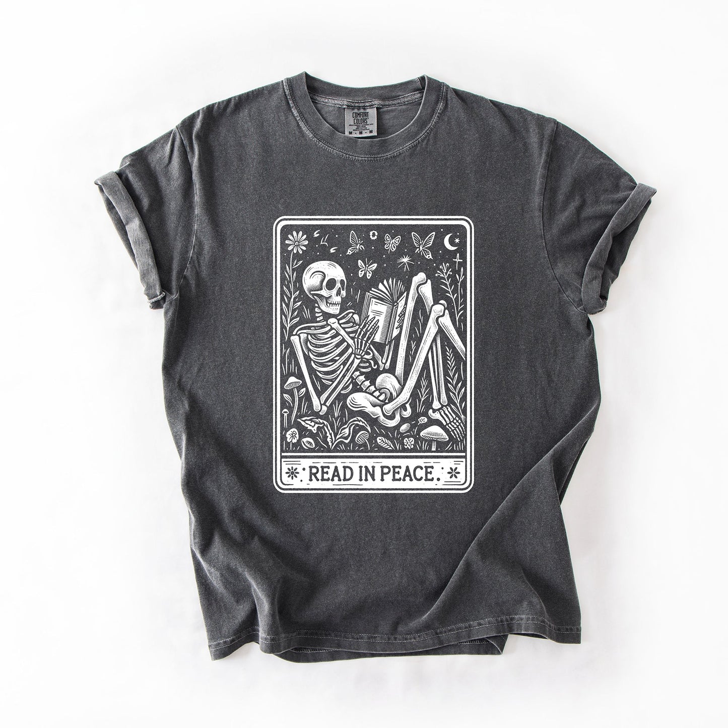 Charcoal gray Read In Peace, Halloween, Skeleton, Tarot, Books, Library, Comfort Colors T-Shirt