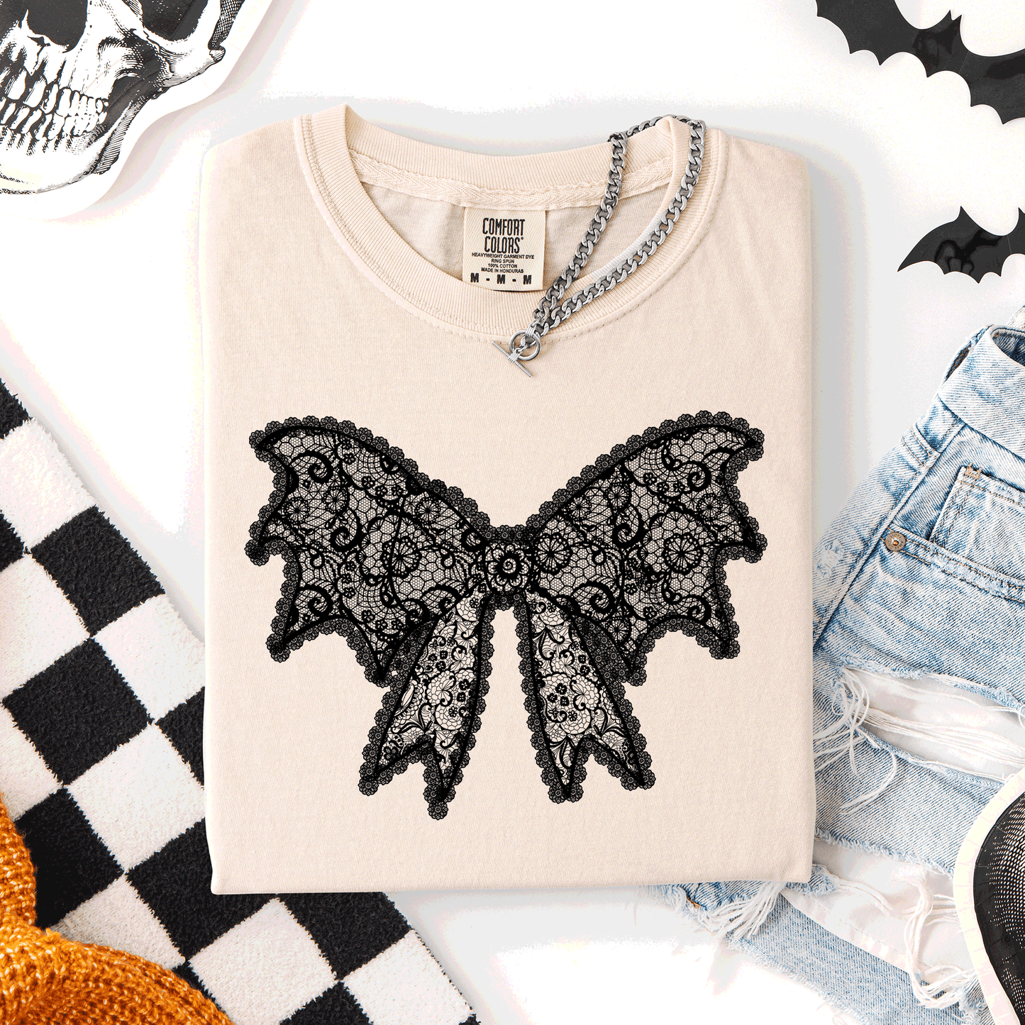 Lace Bow, Halloween, Goth, Faux Lace, Ribbon, Coquette, Comfort Colors T-Shirt