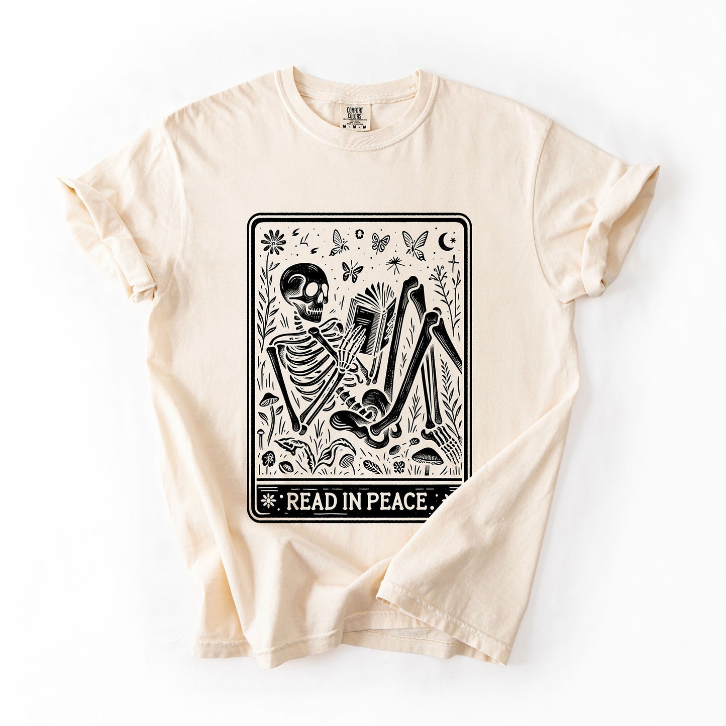 Cream Read In Peace, Halloween, Skeleton, Tarot, Books, Library, Comfort Colors T-Shirt