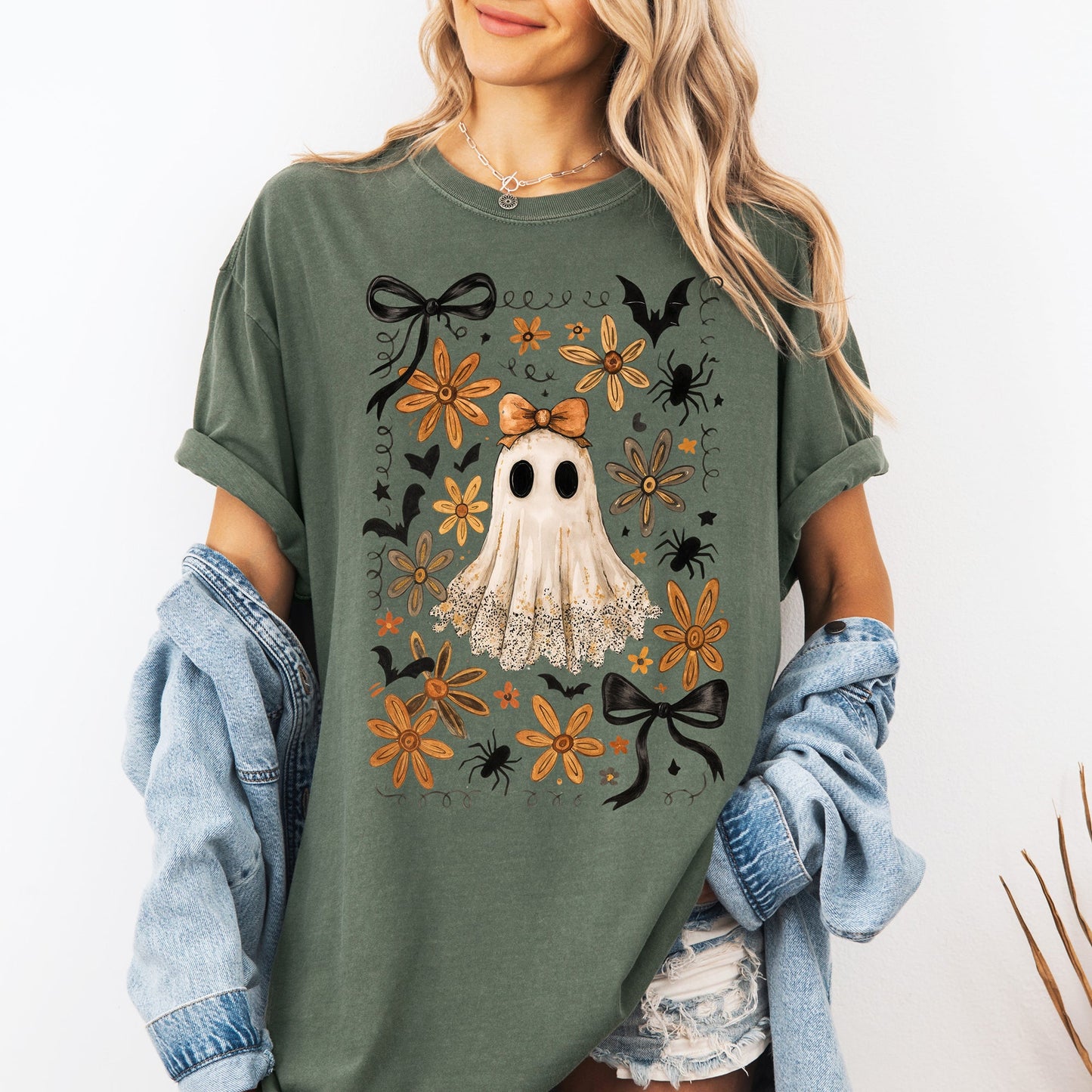 Green Beautiful Halloween, Bows, Bats, Flowers, Comfort Colors T-Shirt