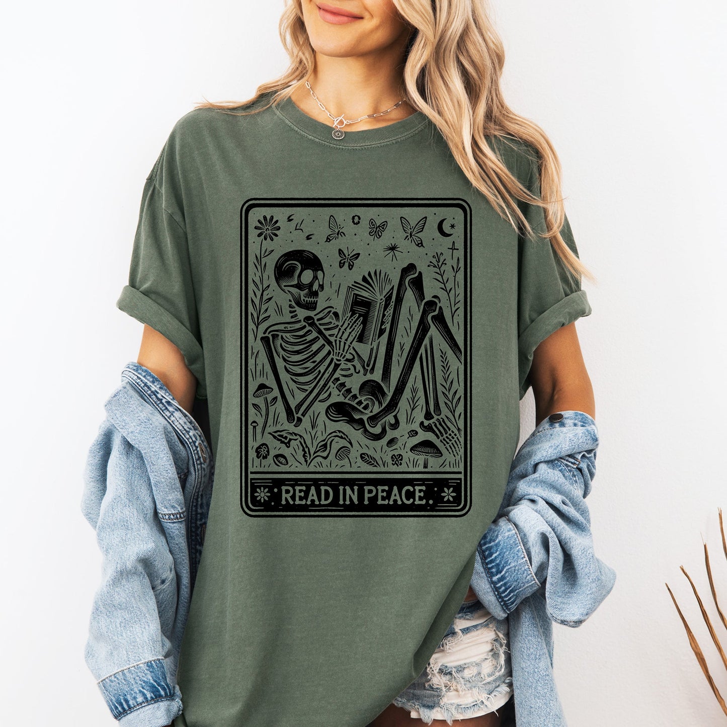 Green Read In Peace, Halloween, Skeleton, Tarot, Books, Library, Comfort Colors T-Shirt