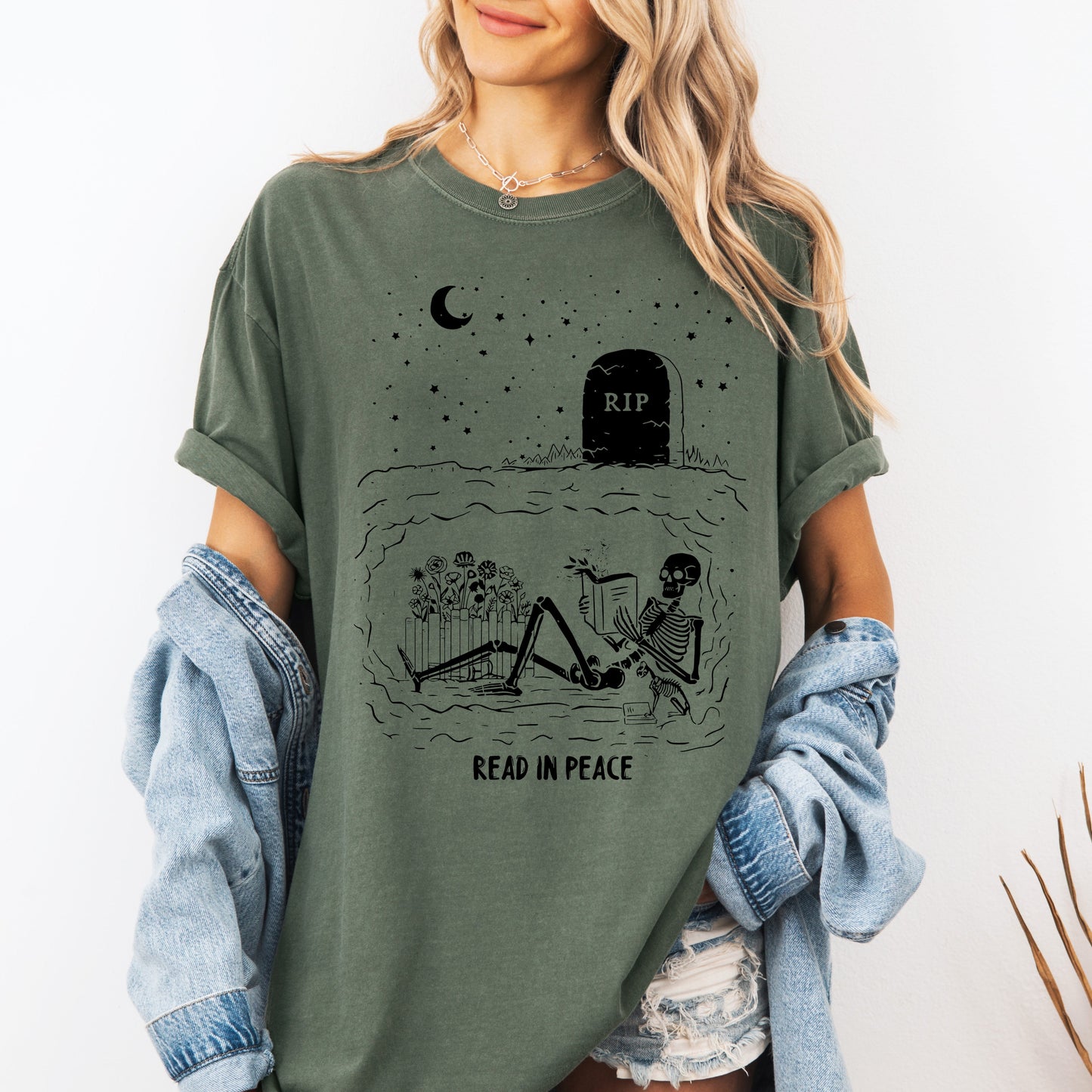 Green Read In Peace, Skeleton, RIP, Halloween, Booktok, Bookish, Library, Trending Graphic Tee, Comfort Colors T-Shirt
