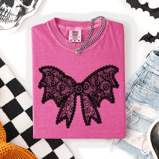 Pink Lace Bow, Halloween, Goth, Faux Lace, Ribbon, Coquette, Comfort Colors T-Shirt