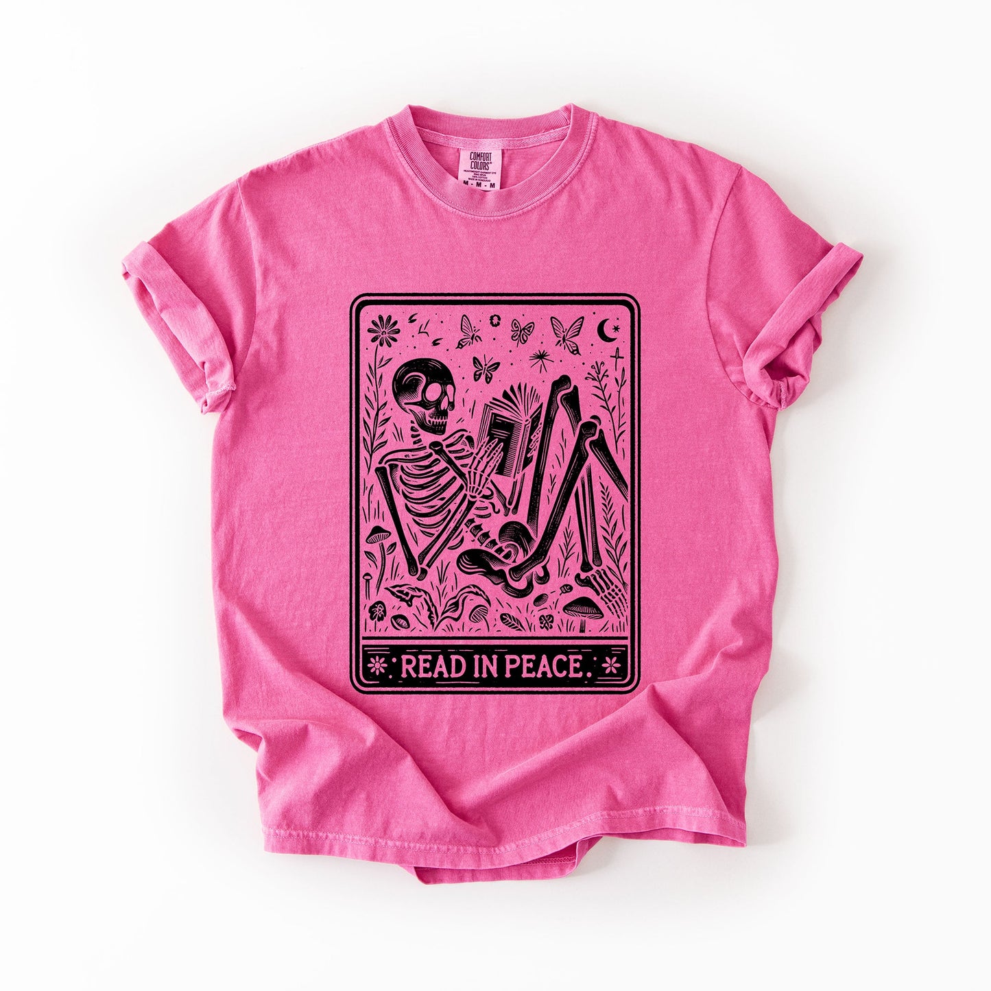 Hot Pink Read In Peace, Halloween, Skeleton, Tarot, Books, Library, Comfort Colors T-Shirt