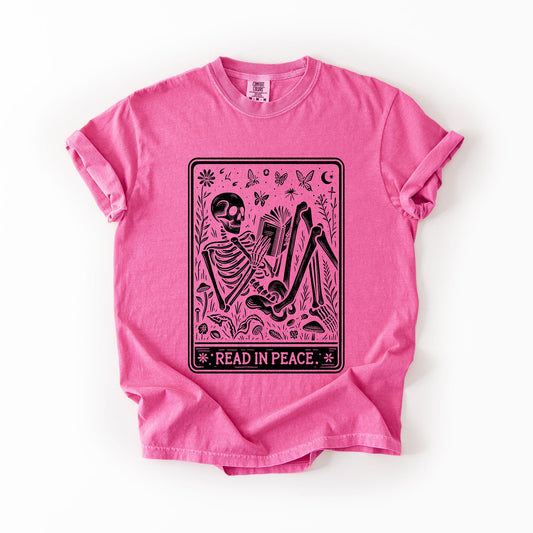 Hot Pink Read In Peace, Halloween, Skeleton, Tarot, Books, Library, Comfort Colors T-Shirt
