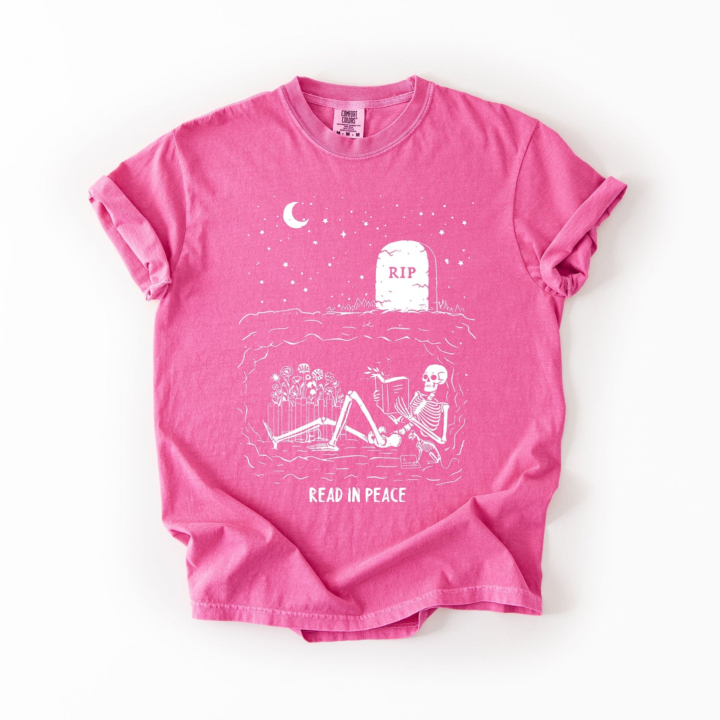 Hot pink Read In Peace, Skeleton, RIP, Halloween, Booktok, Bookish, Library, Trending Graphic Tee, Comfort Colors T-Shirt