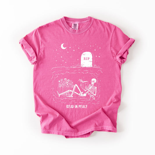 Hot pink Read In Peace, Skeleton, RIP, Halloween, Booktok, Bookish, Library, Trending Graphic Tee, Comfort Colors T-Shirt