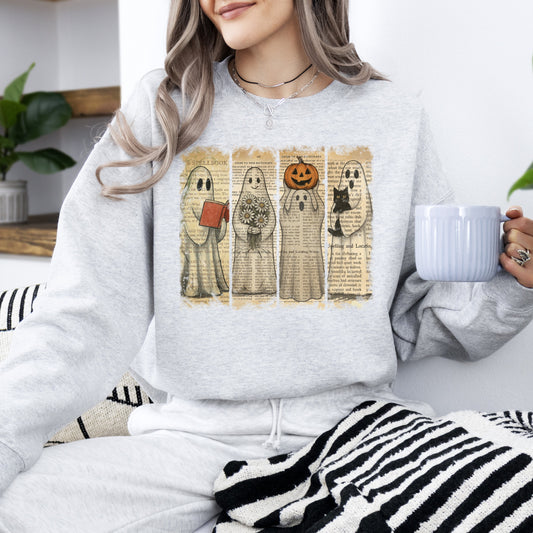 Ash gray Vintage Newspaper Ghost, Halloween, Book, Cat, Western, Pumpkin, Retro, Spooky, Costume, Fall, Graphic Sweatshirt