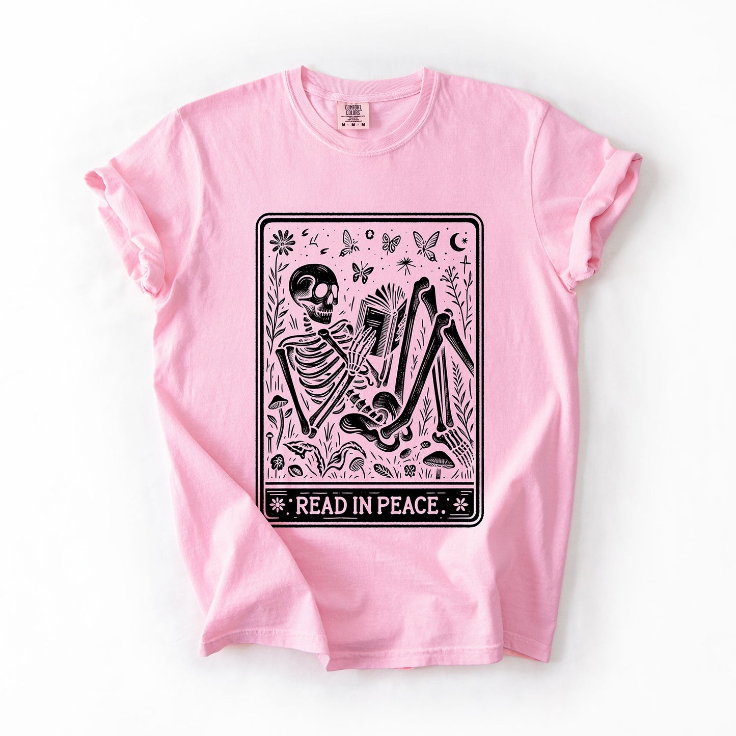 Pink Read In Peace, Halloween, Skeleton, Tarot, Books, Library, Comfort Colors T-Shirt
