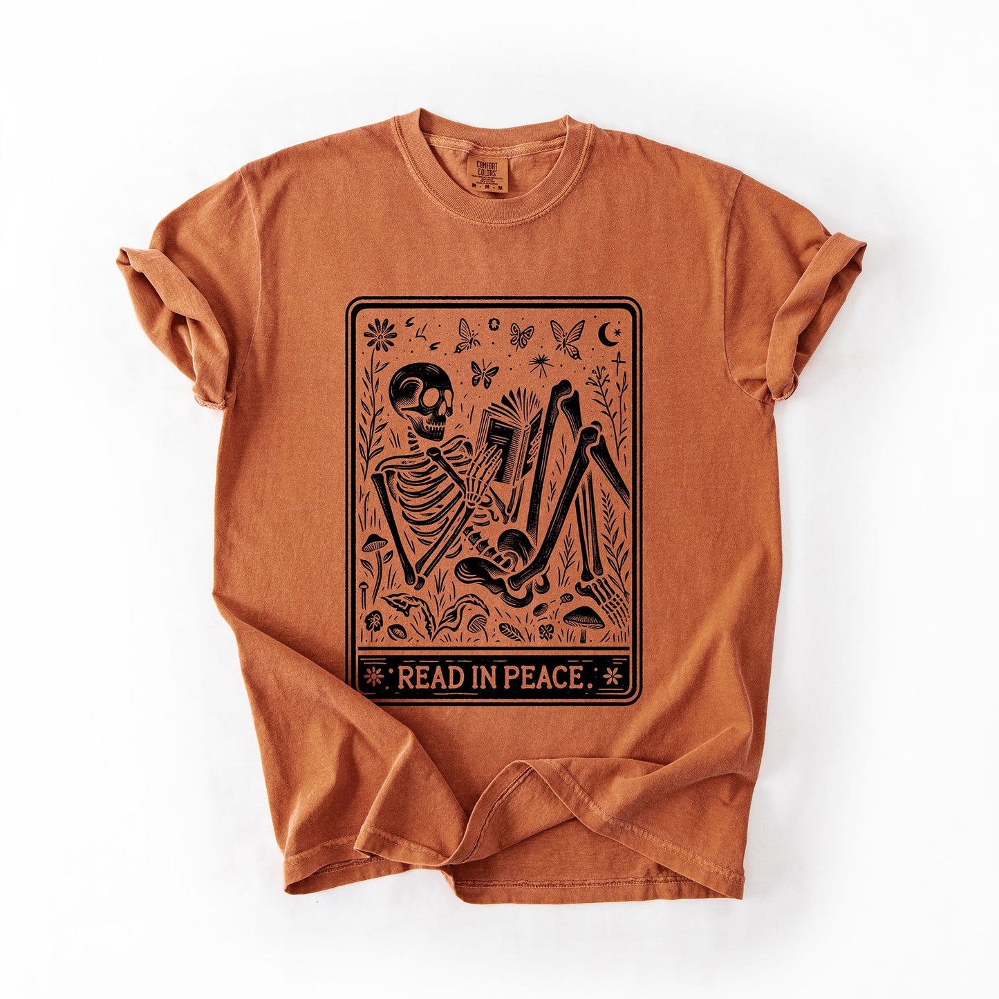 Orange Read In Peace, Halloween, Skeleton, Tarot, Books, Library, Comfort Colors T-Shirt