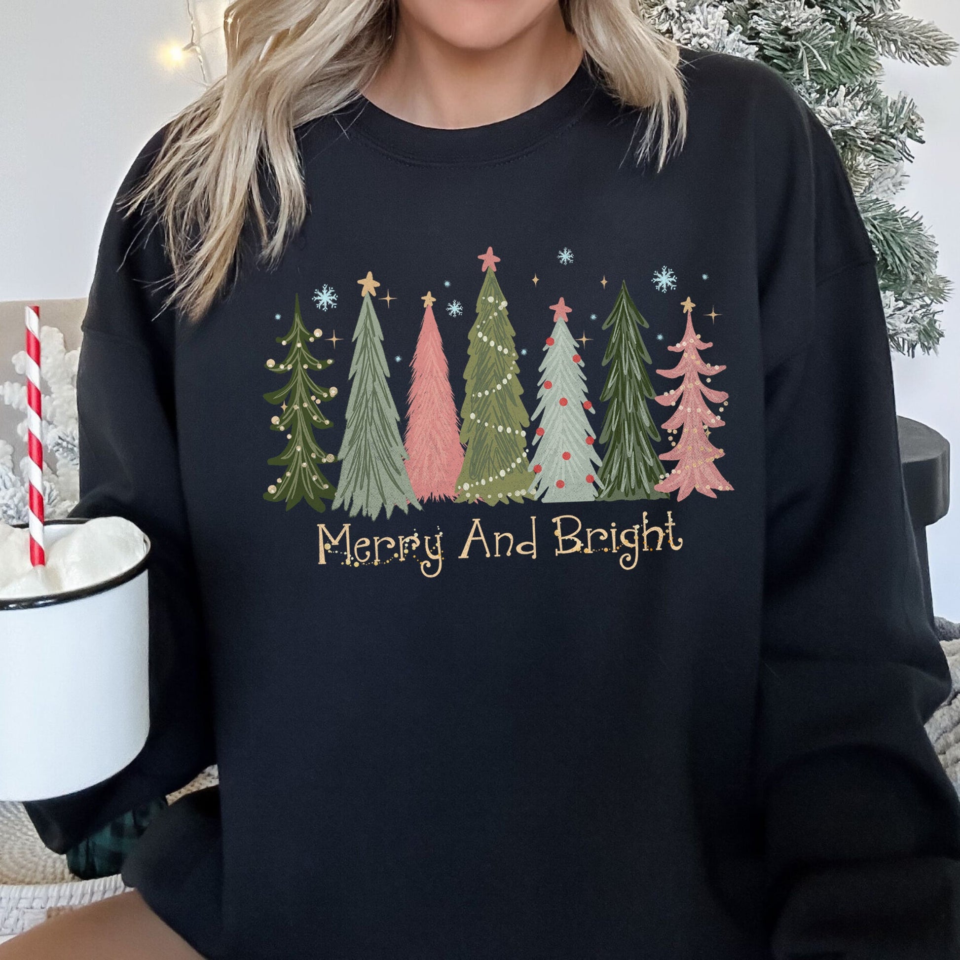 Black Merry and Bright, Christmas Trees Sweatshirt