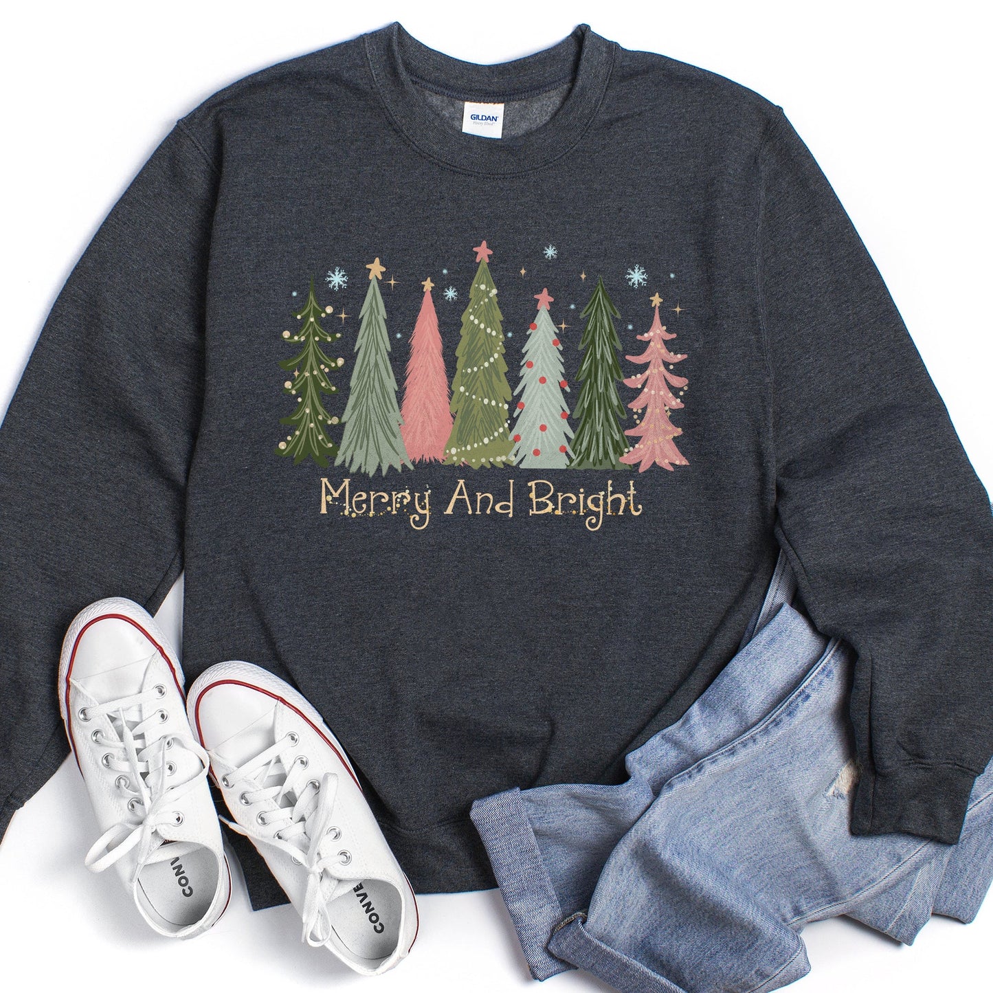 Dark Heather Gray Merry and Bright, Christmas Trees Sweatshirt