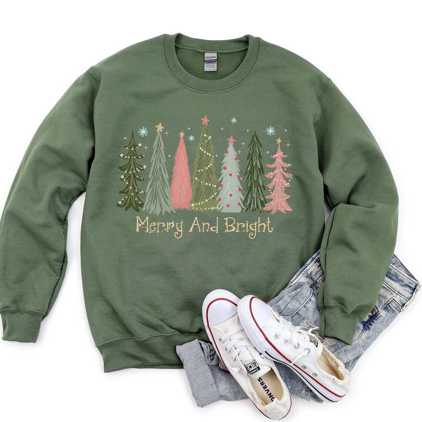 Military green Merry and Bright, Christmas Trees Sweatshirt
