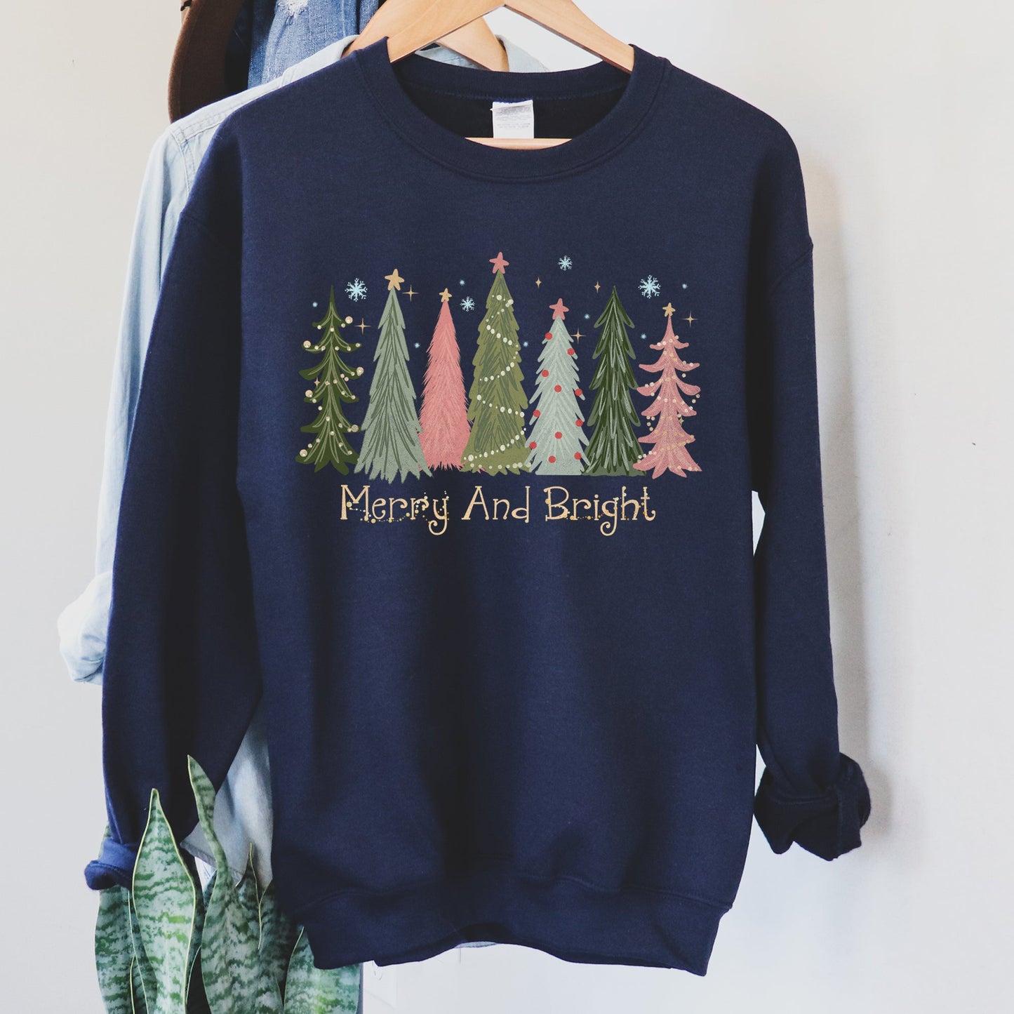 Navy Blue Merry and Bright, Christmas Trees Sweatshirt